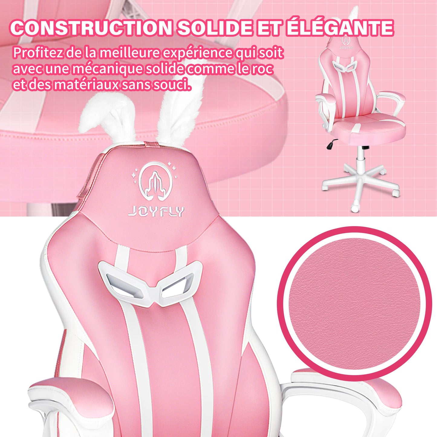 JOYFLY Pink Gaming Chair Office Chair Computer Chair PU Leather Ergonomic Gamer Chairs with cute bunny ears and tail Height Adjustable Lumbar Support (Pink)