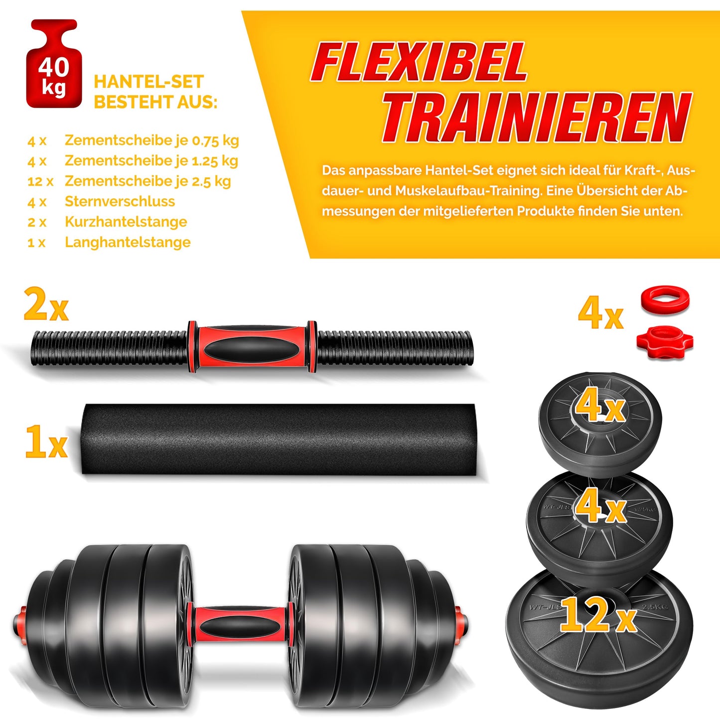 RE:SPORT 2 in 1 Dumbbells Set 15-30kg | Adjustable dumbbell set | Short dumbbell & Long dumbbell | Star locks & Connecting rod (40 kg)