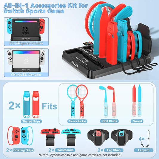 Switch Sports accessory set with organizer compatible with Switch/OLED, storage for Switch sports game accessories, family party package sports games accessory bundle for Nintendo Switch & OLED.