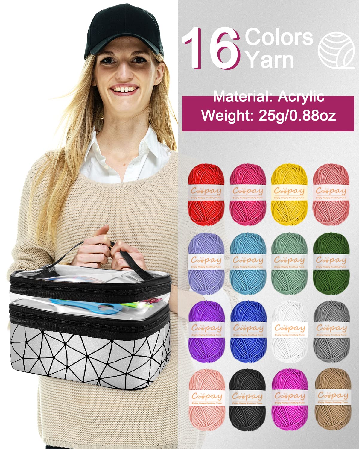 Coopay crochet set for beginners, 71 pieces crochet hook set with bag and yarn, premium crochet set with knitting accessories and yarn, 0.6-6.0mm crochet hook set, complete crochet for beginners gifts, silver