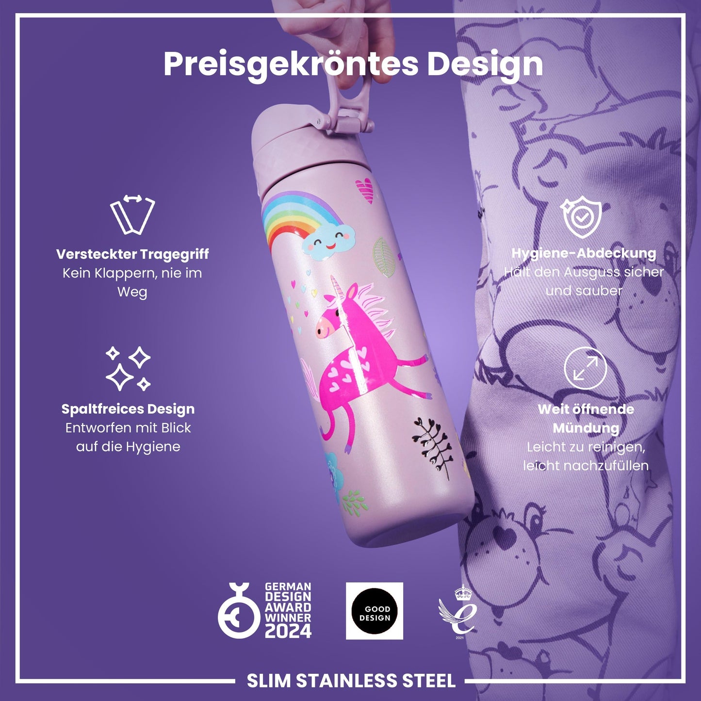 ion8  Lightweight Steel Water Bottle 600ml Non-Insulated Leakproof One-Hand Opening Secure Lock Dishwasher Safe Flip Lid Carrying Handle Easy to Clean, Lilac Unicorn