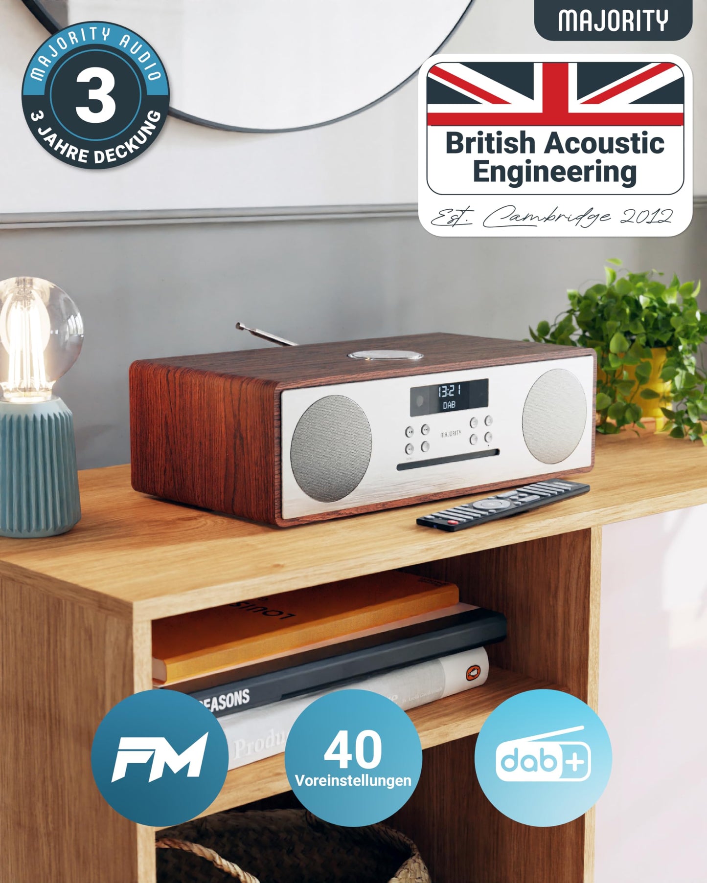 Majority Oakington DAB & FM CD player and digital radio compact system with Bluetooth speaker. HiFi system with dual USB input/charging, AUX/USB, DAB radio, and CD stereo system.