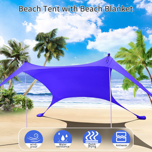 Cuupo beach tent, pop-up, 2x2.1m, SPF 50, Lycra, outdoor sun protection, anti-wind, stability poles, backyard with beach blanket, royal blue.