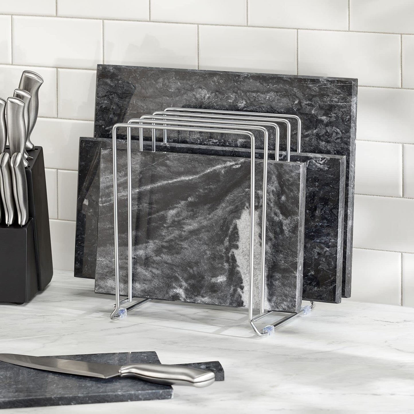 mDesign metal dish rack for baking trays - compact pot lid holder for kitchen cabinet - space-saving stand for cookware - silver-colored.