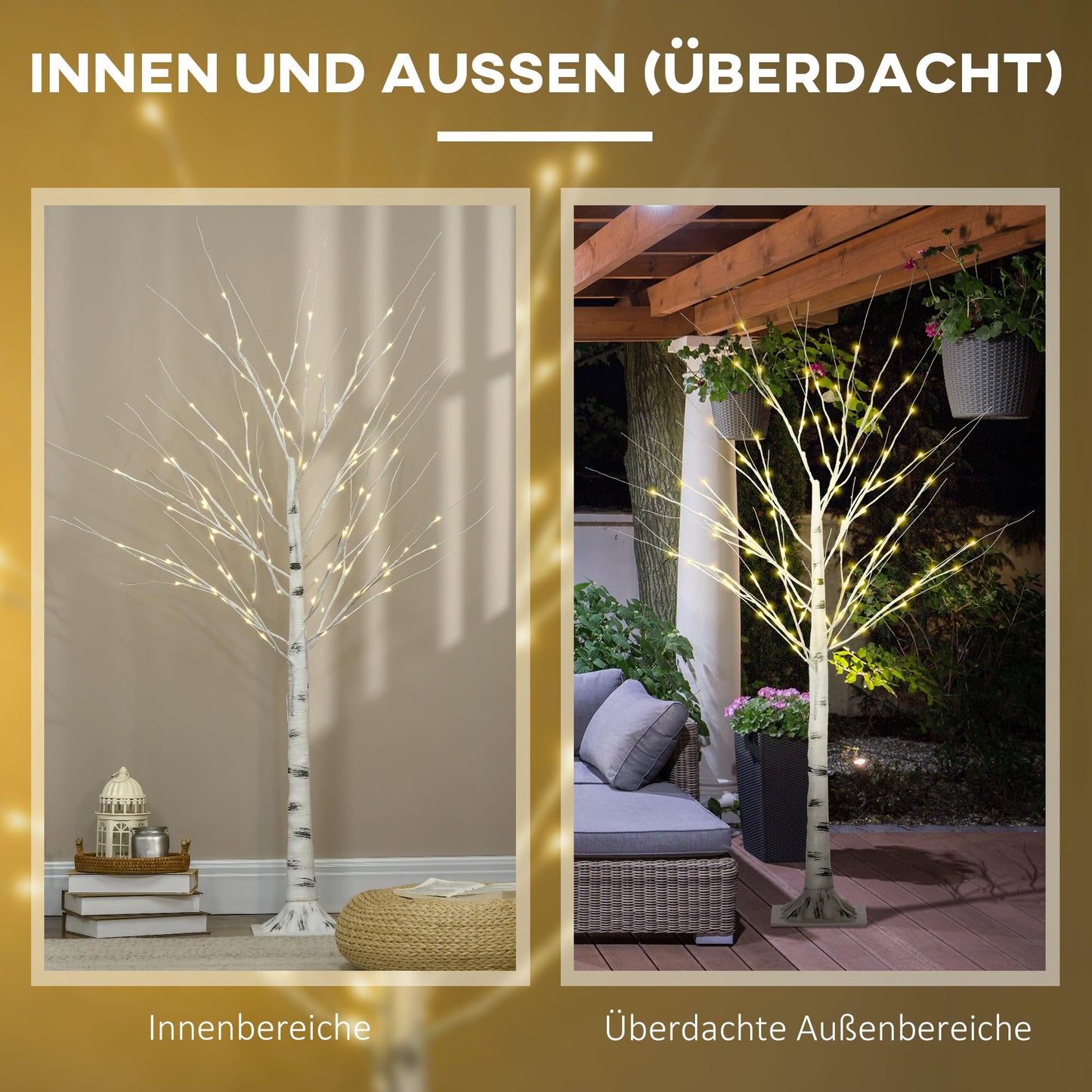 HOMCOM LED Light Tree 150 cm with 96 warm white LEDs, IP44 indoor/outdoor Christmas decoration in birch design artificial Christmas tree decorative light tree.