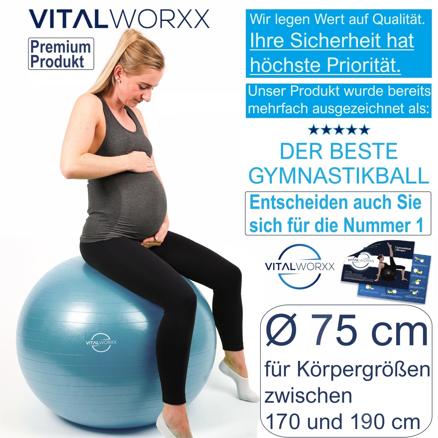 VITALWORXX Gymnastics Ball for Pregnant Women, extremely stable, Exercise Ball Yoga Ball Pezzi Ball with pump, with exercises for pregnancy, birth, health.