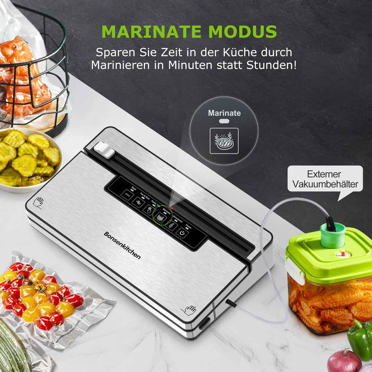 Bonsenkitchen Vacuum Sealer, Strong Vacuum Sealer with 5 Modes, 8 L/Min, Globefish Technology for Continuous High-Speed Operation, Includes 100 Vacuum Bags and 1 Roll Bag.