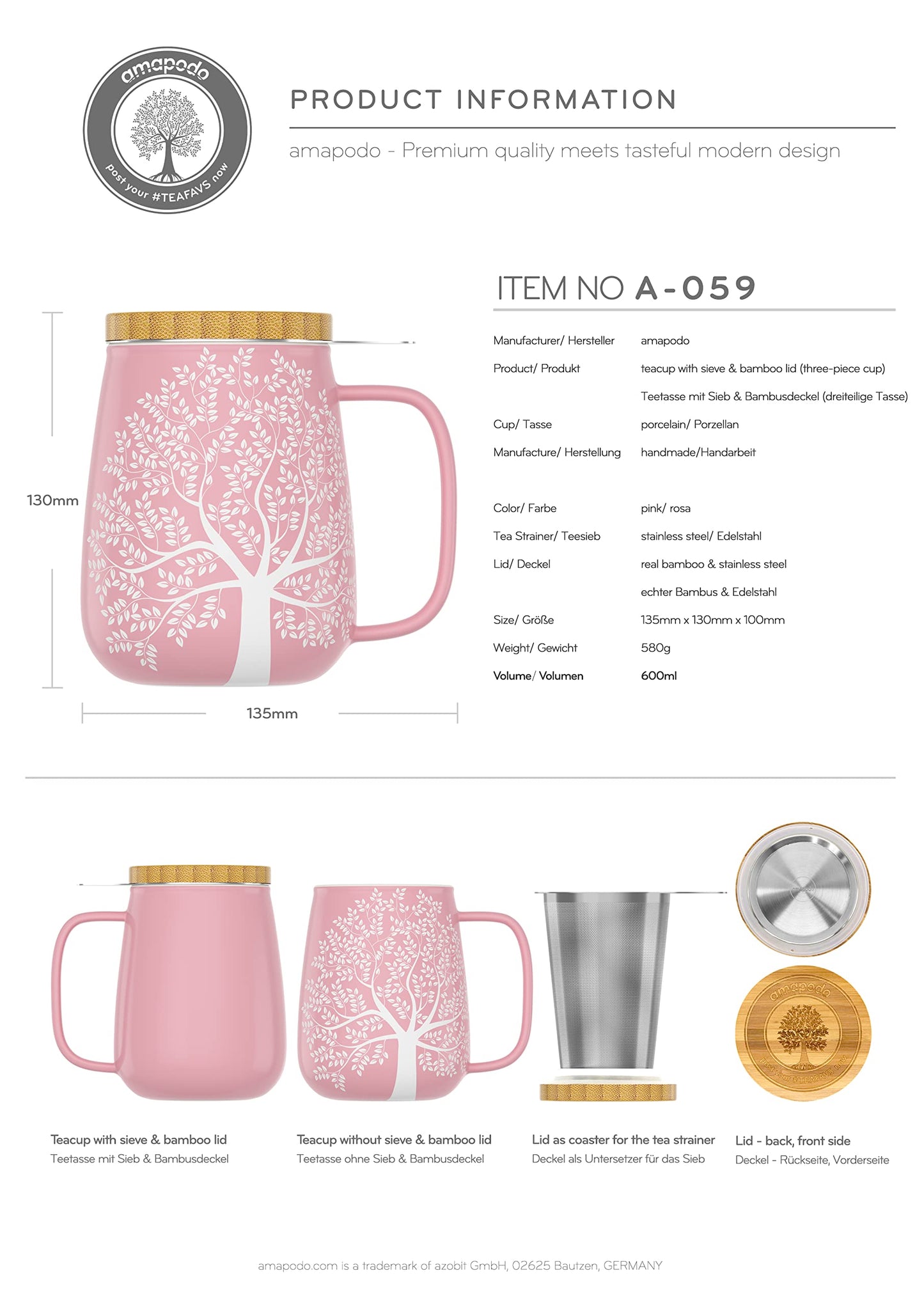 amapodo tea cup with lid and infuser - 600ml porcelain tea mug large - jumbo cup - XXL tea cup set pink - plastic-free