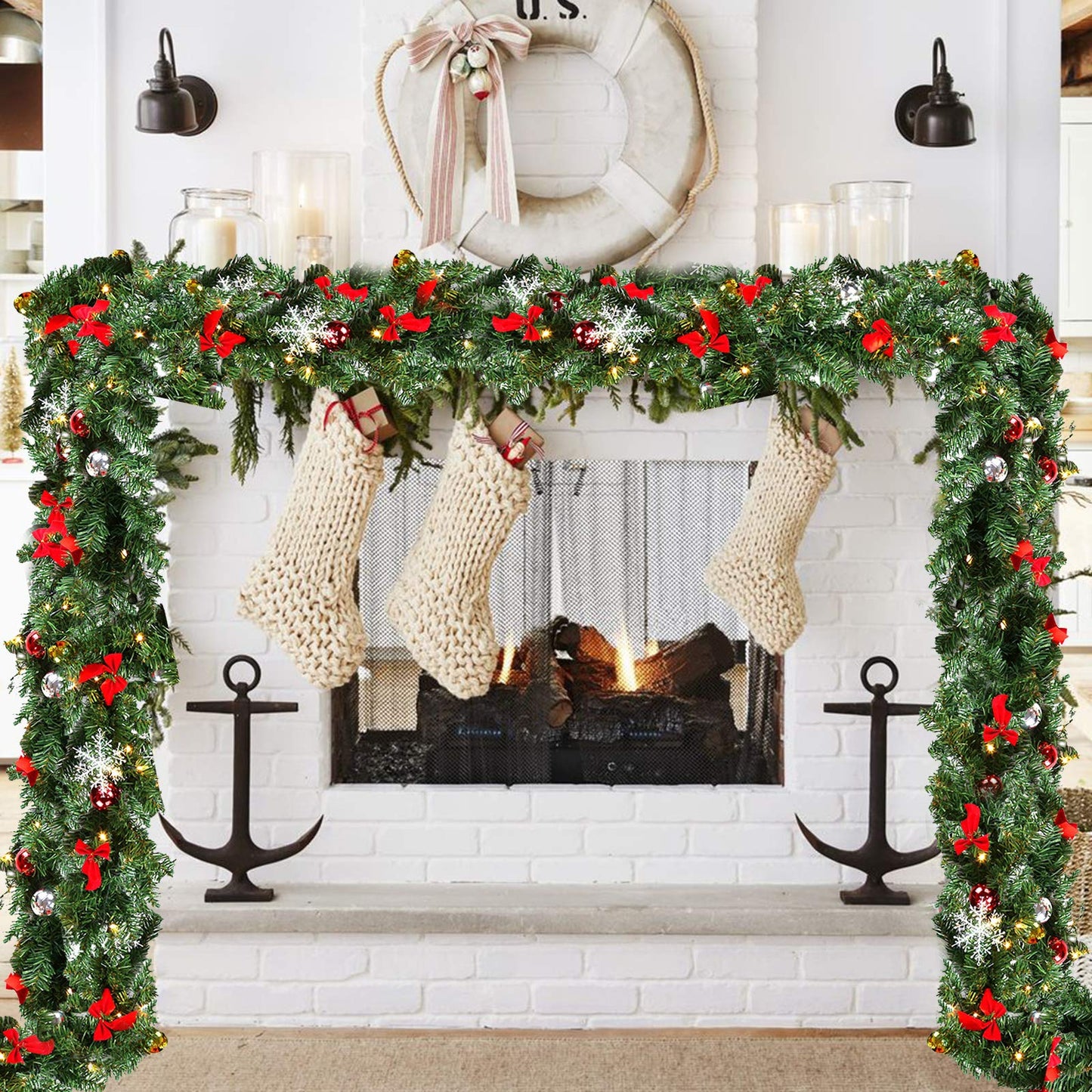 Yakimz Christmas Garland Artificial, 5m with 100 Warm White LED Lights, including Decorations, Artificial Green Pine Garland Christmas Decoration Indoor and Outdoor Garland