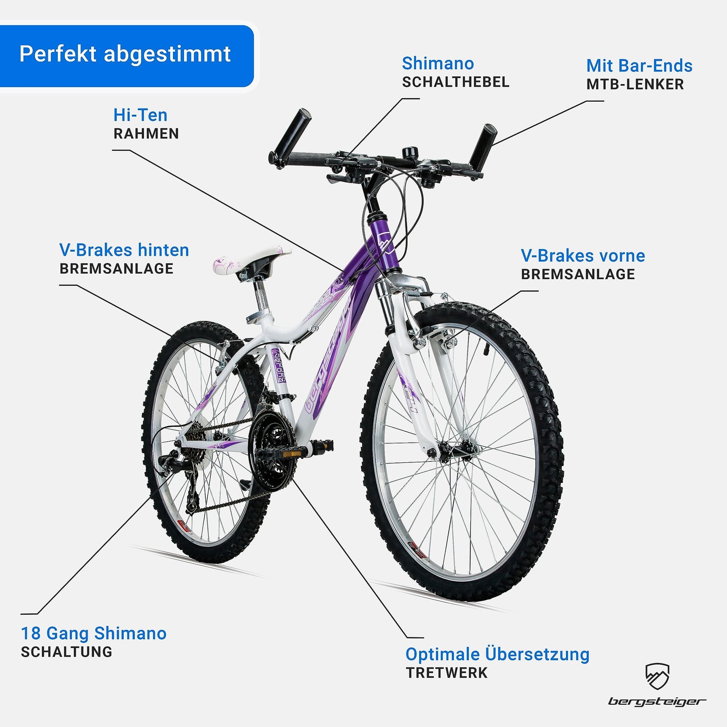 Verona 24 inch children's bike for 8, 9, 10, 11 year olds. 18 gears, mountain bike with fork suspension, girls' bike.