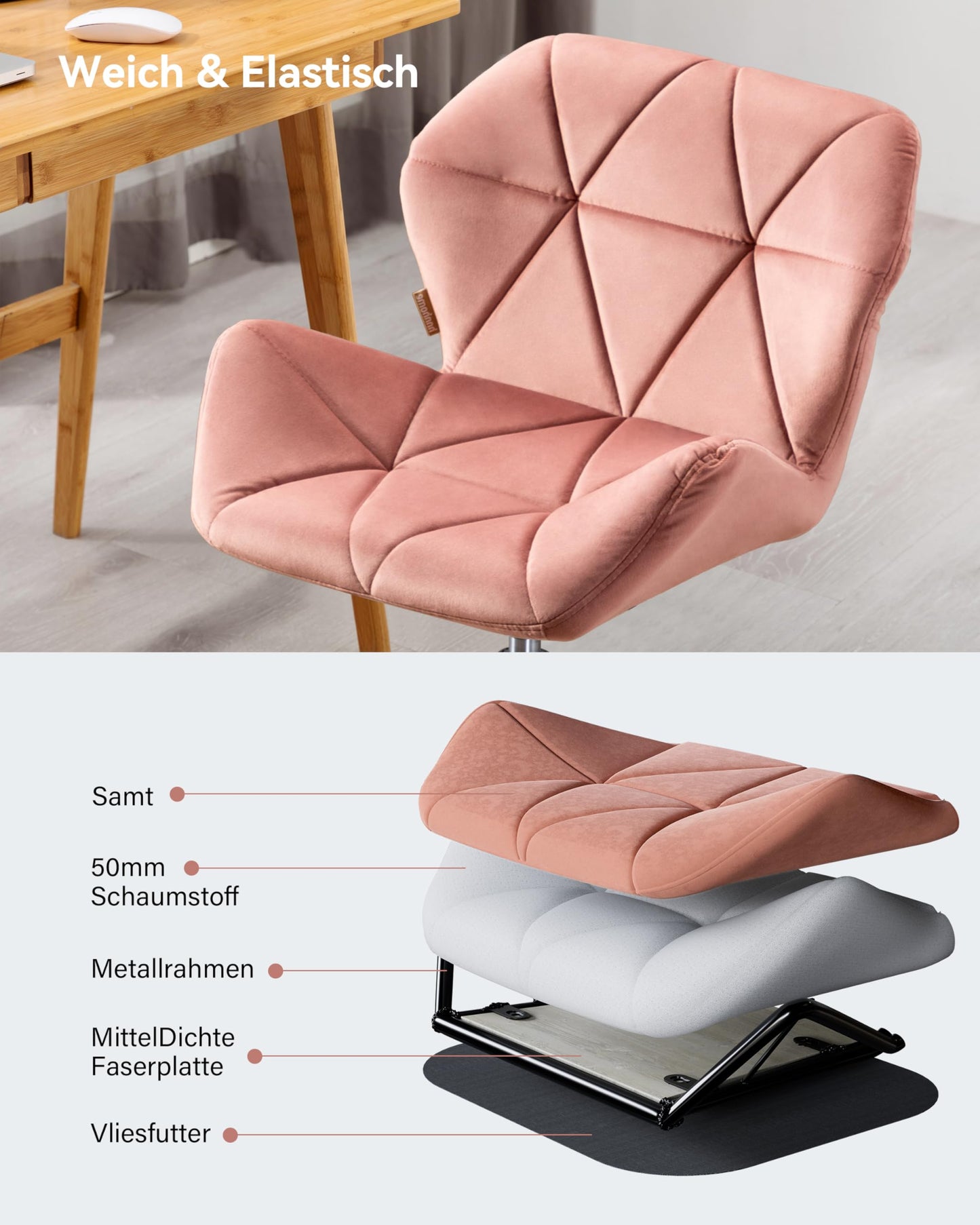 HNNHOME Eris Desk Chair, modern, padded velvet, fabric swivel chair, adjustable height (Rose)