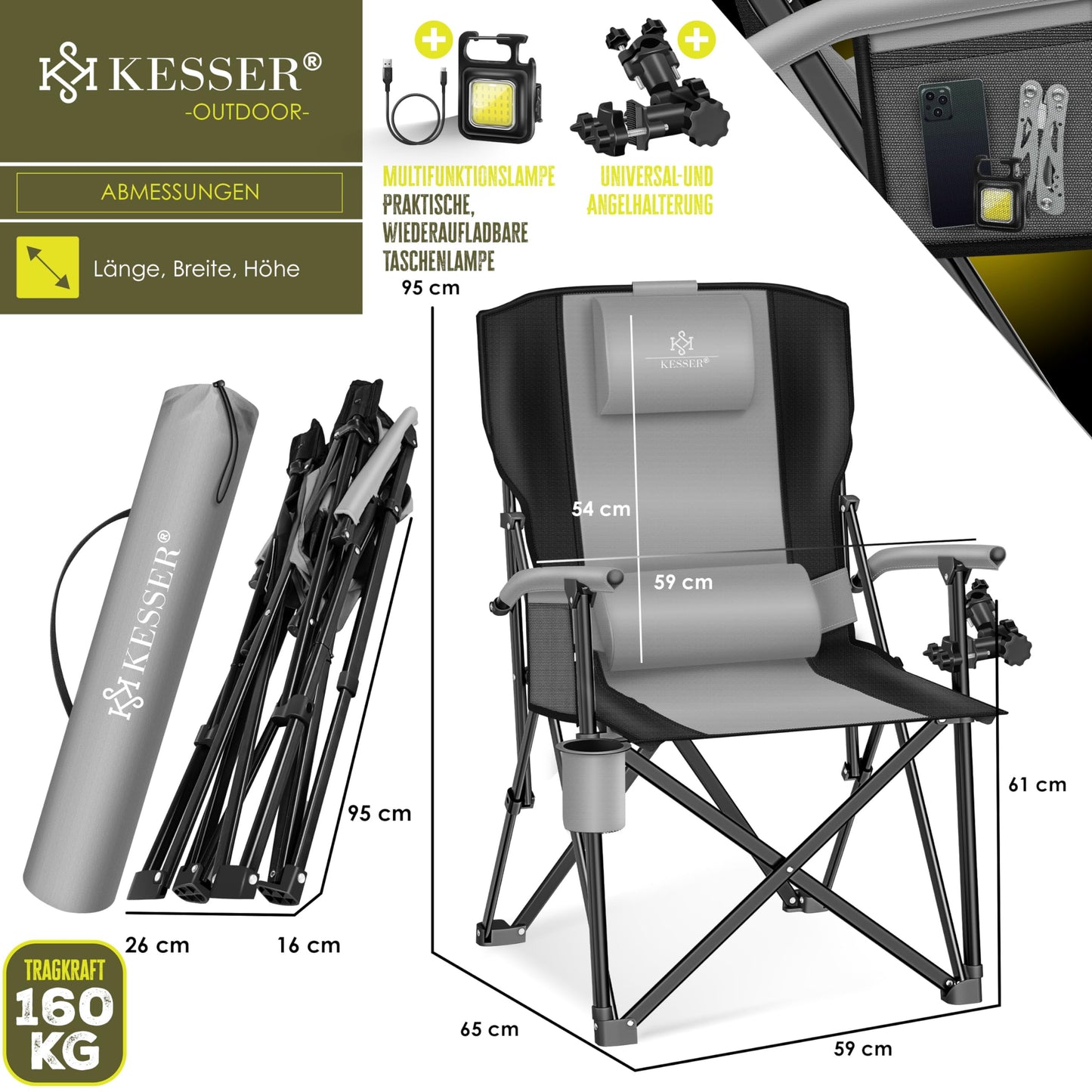 KESSER® Camping chair foldable up to 160 kg | Fishing chair Folding chair Padded with armrests | Camping light and cup holder + bag with high backrest | Beach chair with fishing rod holder