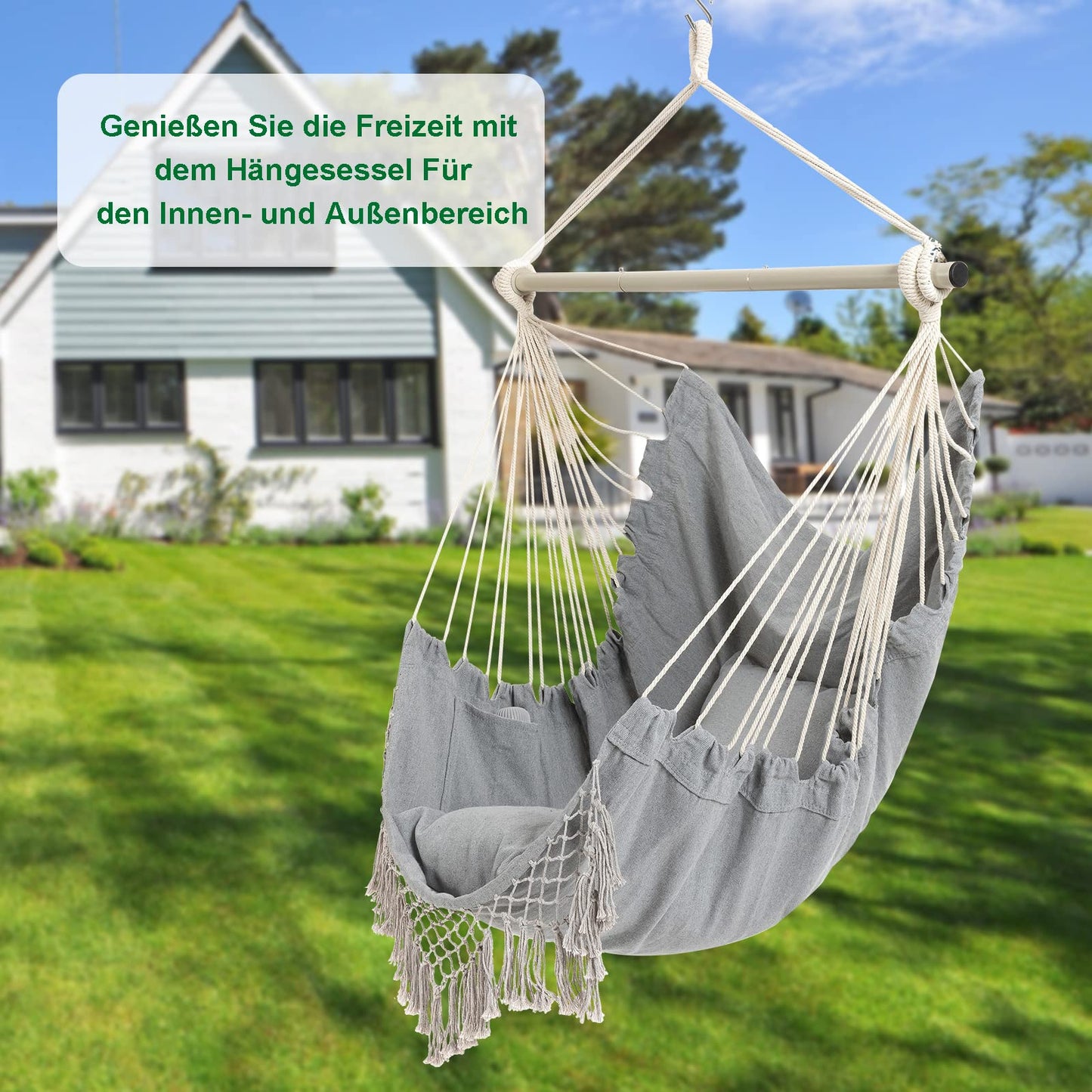 Hammock Chair Large hammock swing, 110 x 150cm Holds up to 150kg, Cotton hanging chair Hardwood spreader bar Wide seat swing chair