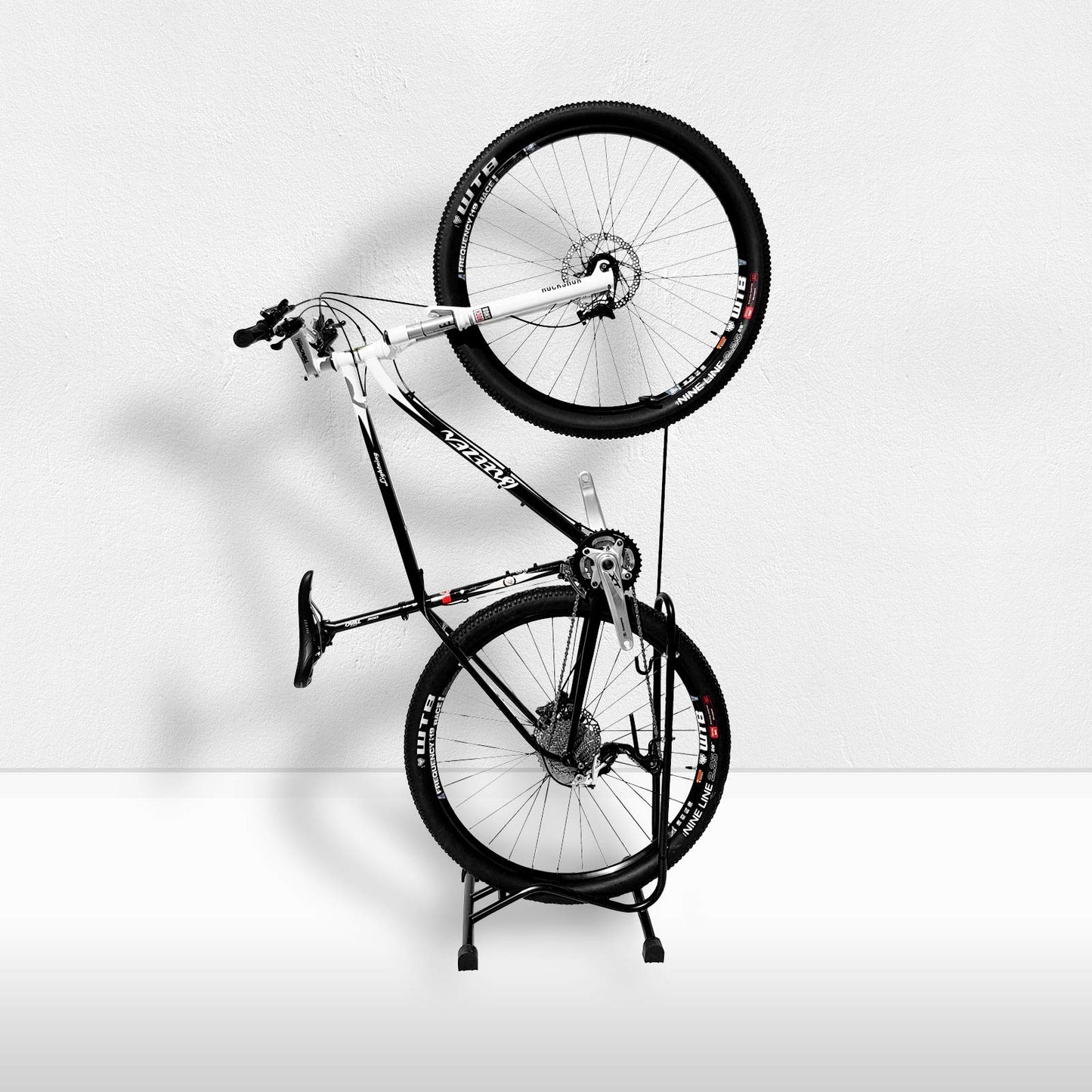 WELLGRO® Bike Stand - Steel, black, secure stand, hooks with plastic coating, 3 functions: suitable for horizontal and vertical hanging or placing upright.