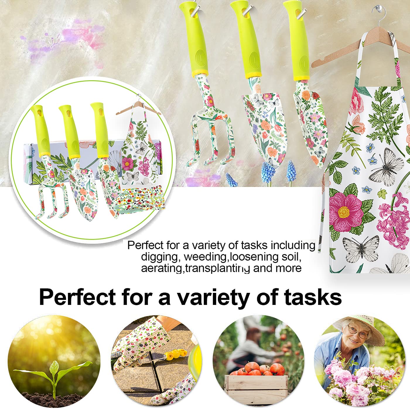 STANEW Garden Tools Set, High Performance Aluminum Gardening Supplies, Outdoor Gardening Gear for Women with Flower Print, 5 PCS including Trowel, Hand Rake, Transplanter, Gloves, Apron