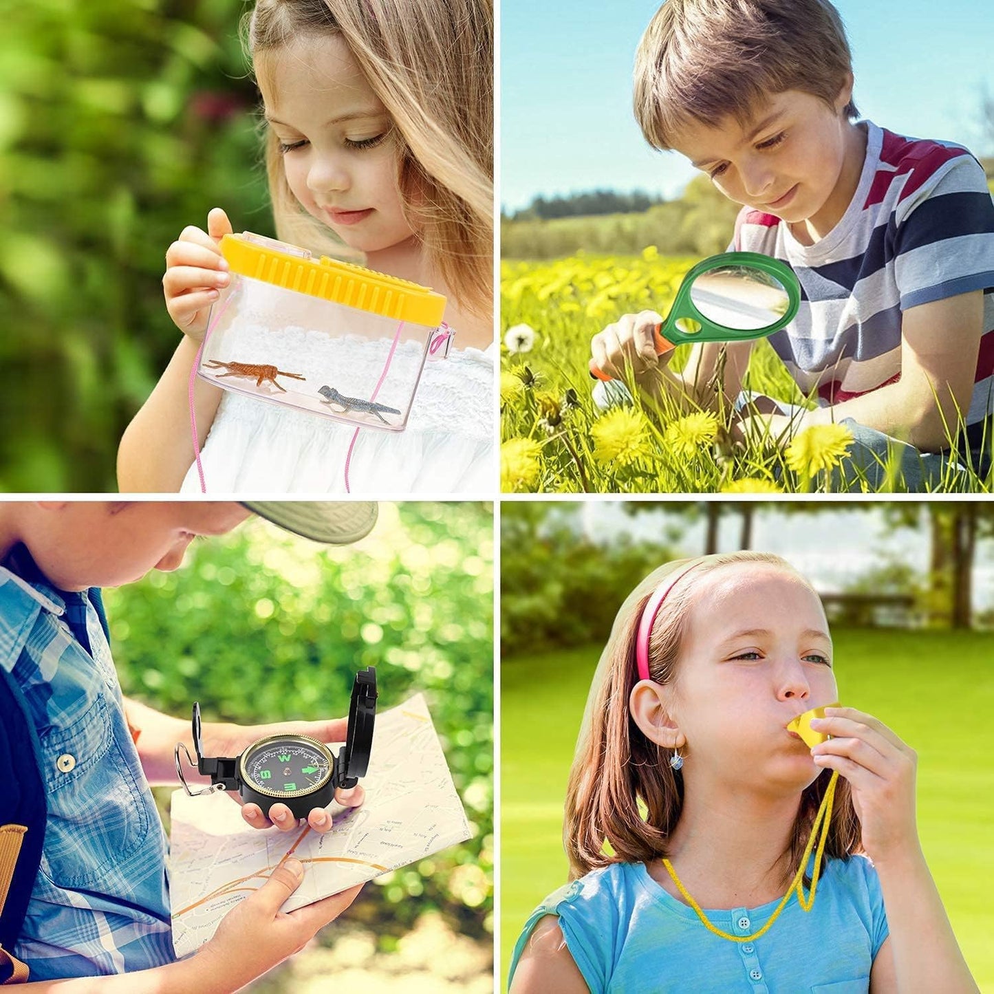 Kizplays® Kids Explorer Kit with Binoculars 22 Piece Set includes Bug Catcher, Compass, Magnifying Glasses, Microscope. Great camping, adventure gift for outdoor play. Ages 3-9.