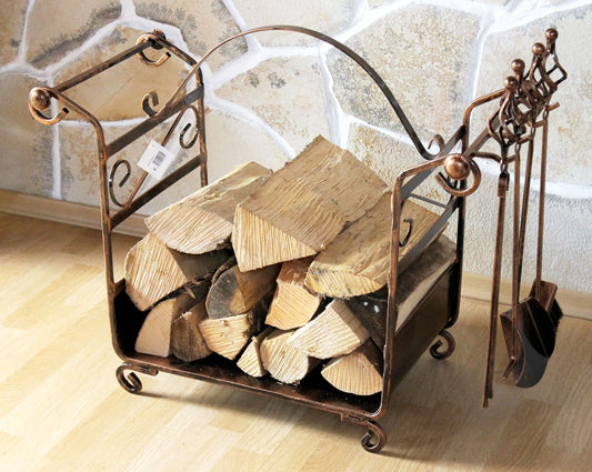 Firewood rack with fireplace tools Art.183 Firewood holder 77 cm Wood basket Fireplace set.