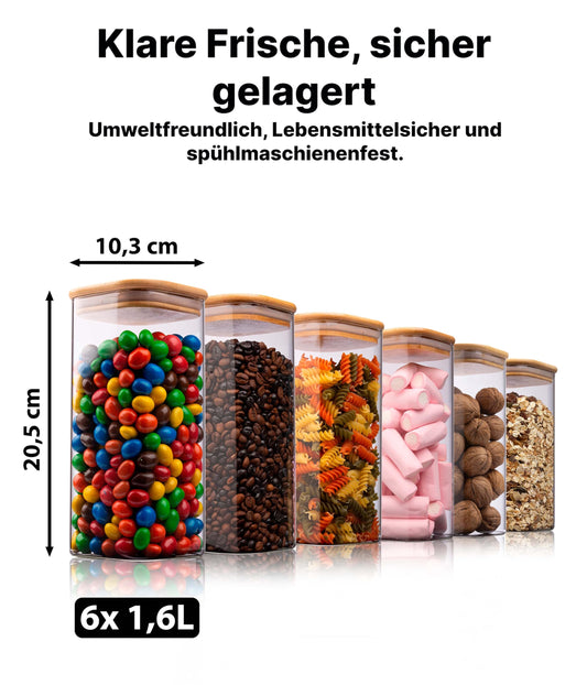 Deco house® set of 6 square glass jars with lids and labels - airtight glass storage containers with wooden lids for storing muesli and other goods.