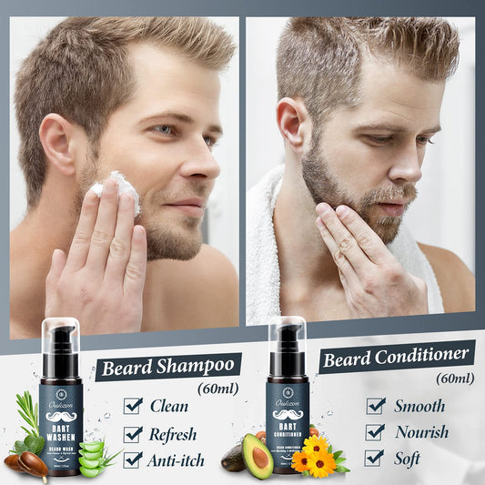 Beard grooming set for men, Oukzon 10 in 1 Premium Beard Gifts for Men - 60ML Beard Shampoo, 60ML Beard Conditioner, Beard Oil, Beard Balm, Beard Comb, Beard Brush, Beard Scissors, Beard Stencils, Travel Bag.
