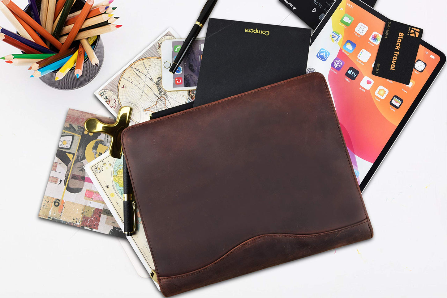 Conference folder A5, leather document case with a5 clipboard/note pad, document organizer folder for iPad Pro 9.7/10.5/11 inches, business/meeting/school folder.