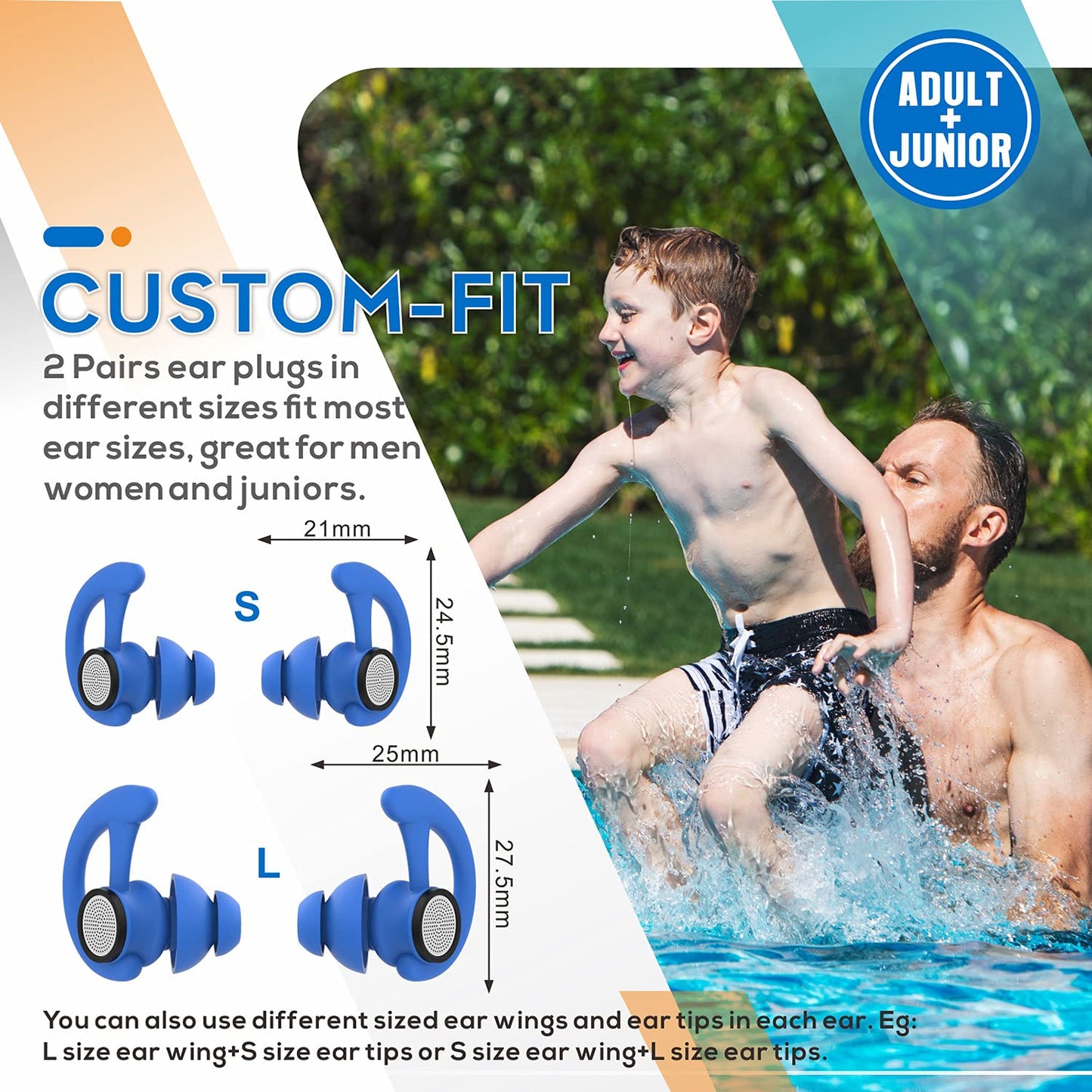 Hearprotek 2 pairs of swimming earplugs, ear protection for adults for swimming, shower, pool, bathing, surfing Blue.
