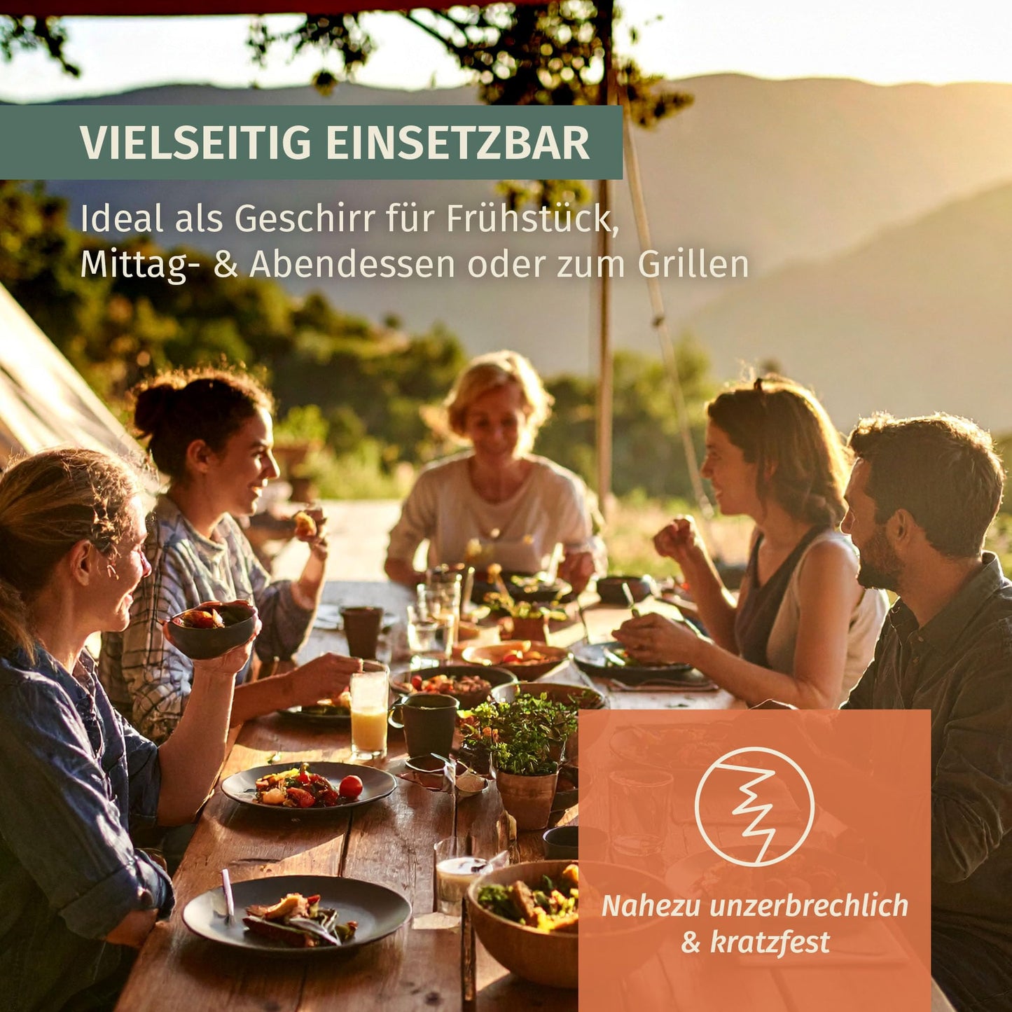 Melamine Camping Tableware Set for 4 Persons in Stone Grey Color, including 4 Stone Coffee Cups. Ideal for picnics, BBQs, and outdoor cooking.