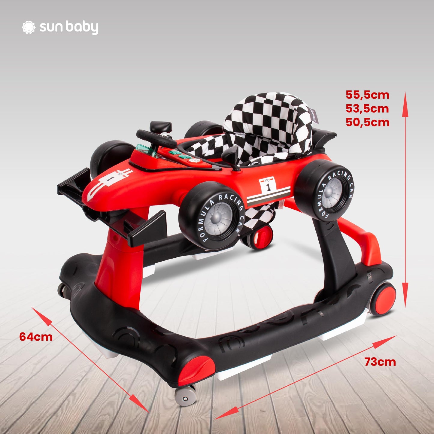 Sun Baby 3in1 Walker with adjustable height, Formula racing design, interactive features, foldable with safety stopper, buttons, lights, and sounds for babies 6 months and up (Red)