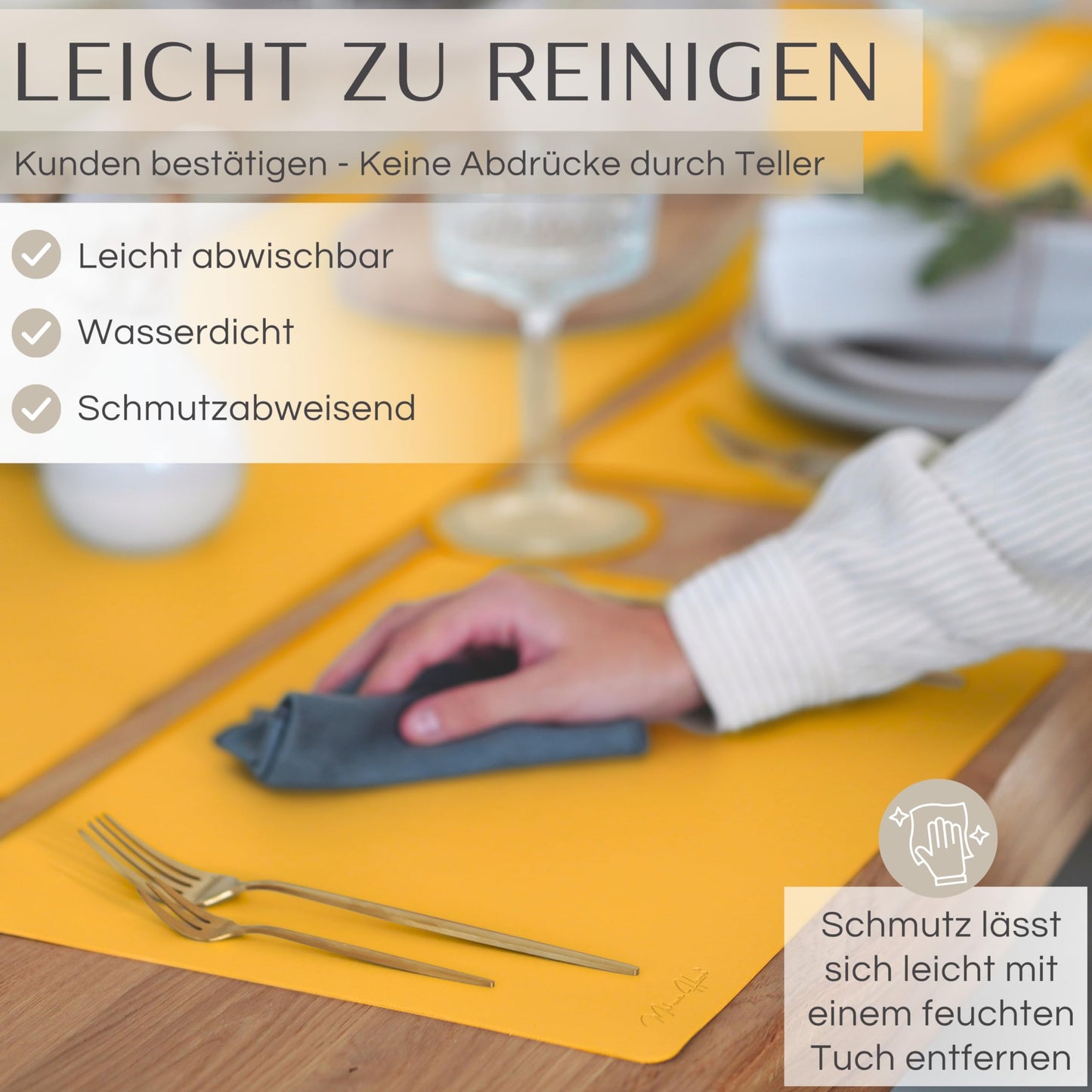 Mahewa® 6-piece Premium Faux Leather Placemat Set - Waterproof and Washable Place Mat Coasters in Leather Look (Mustard Yellow, Square)