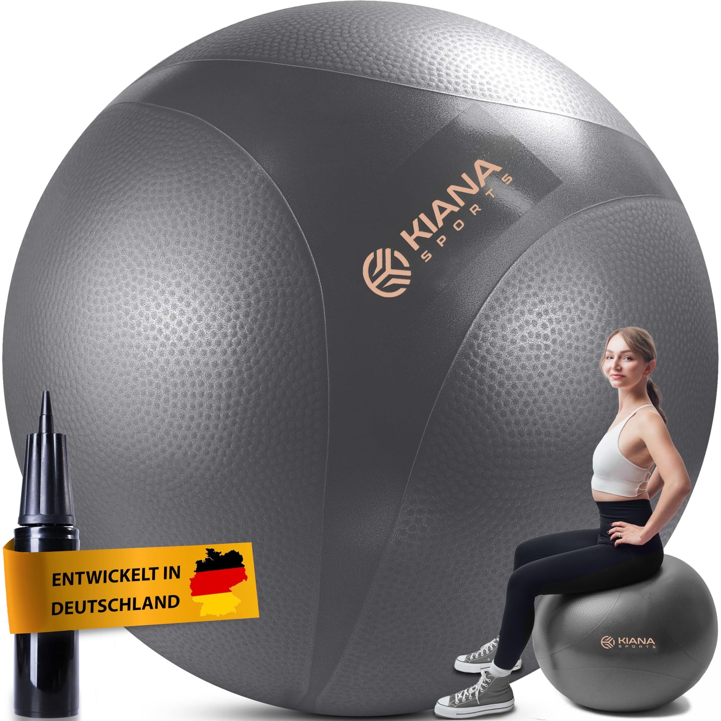 KIANA SPORTS® Exercise Ball & Stability Ball - 4 Sizes - German Design - Non-Slip Yoga Ball with Bumps - Extra Thick & Durable - Includes Pump & Exercise Plan - Perfect for Fitness & Office