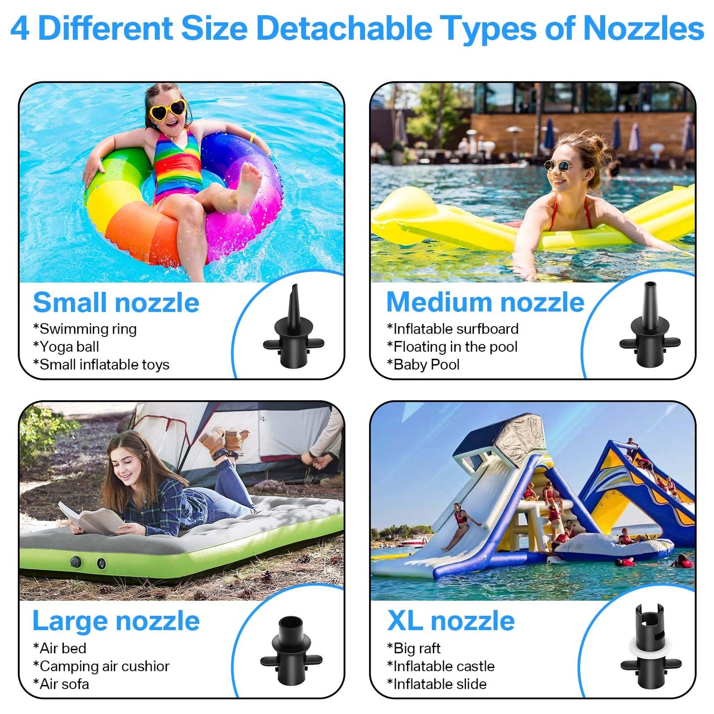 PPXIA Electric Air Pump, Electric Pump with 4 Nozzles for Inflatable Air Track Mat, Air Mattress, Swim Rings, Rafts, Water Beds, Boats, Kids Pools, SUP Boards, Yoga Balls, etc.