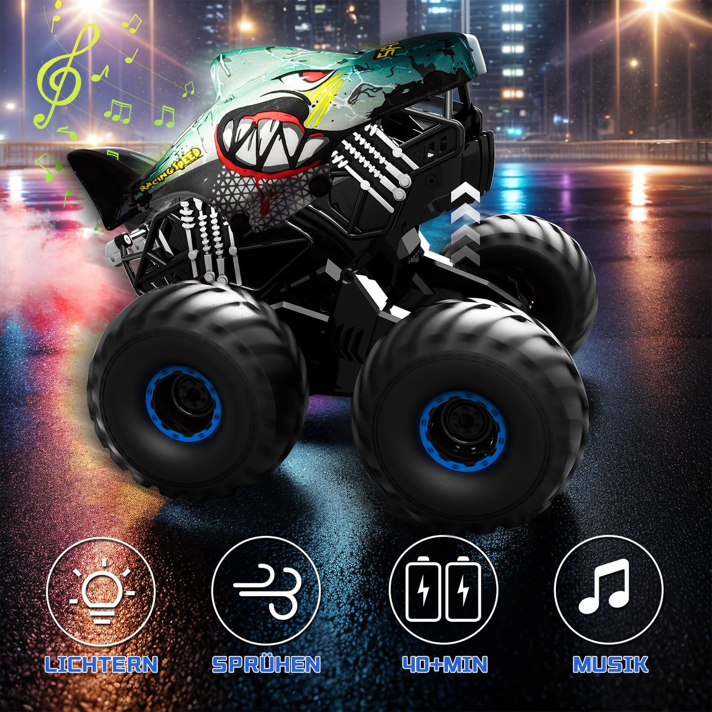 Remote control car, 1/16 monster truck with stomp and 360° rotation, Shark monster truck remote controlled with spray, lights, music, 15KM/H RC monster truck with 40MIN playtime, gift for 3 6 8 10 year old boys.