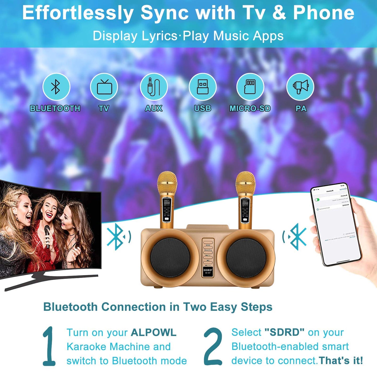 ALPOWL Karaoke Machine for kids and adults, portable Bluetooth speaker PA system with 2 UHF wireless microphones for home party, wedding, church, picnic, outdoor/indoor (Gold)