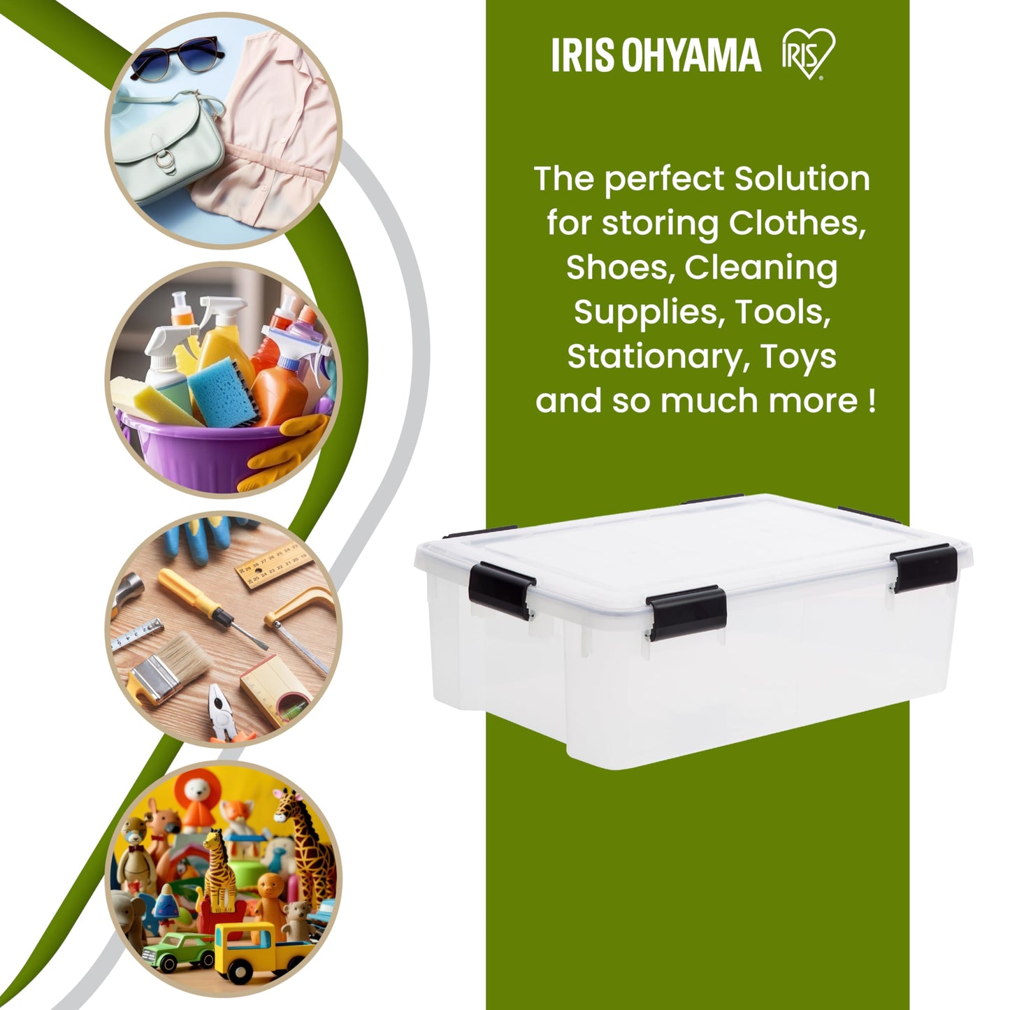Iris Ohyama airtight plastic storage boxes with lids, 30L, set of 4, Transparent, Hermetic watertight seal, Strong snap locks, Stackable, Dust protection, BPA-free, WSB-30.