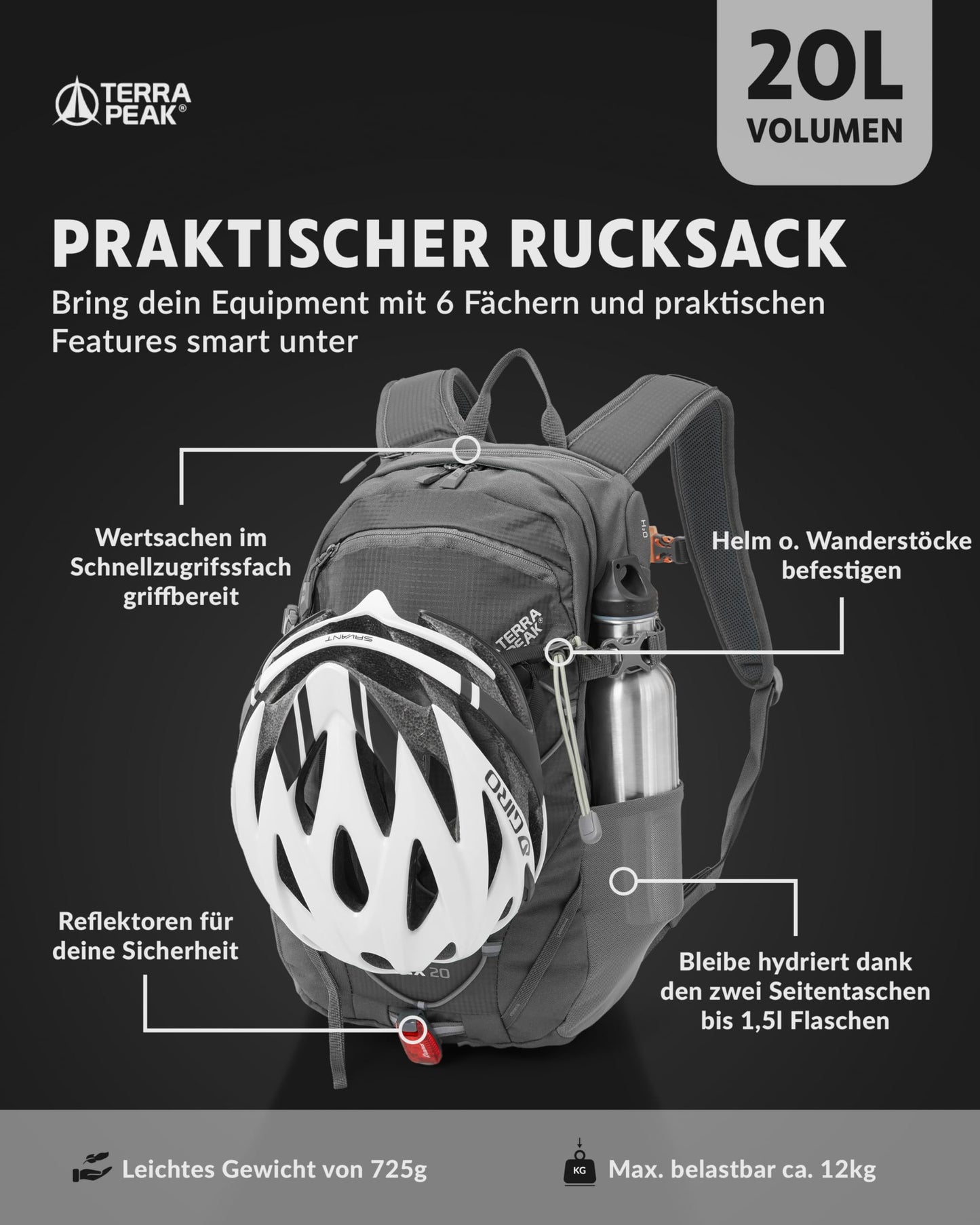 Terra Peak hiking backpack 20L Flex 20 men women gray small - outdoor backpack waterproof - backpack for hiking and camping - with integrated hydration system and laptop compartment - unisex daypack