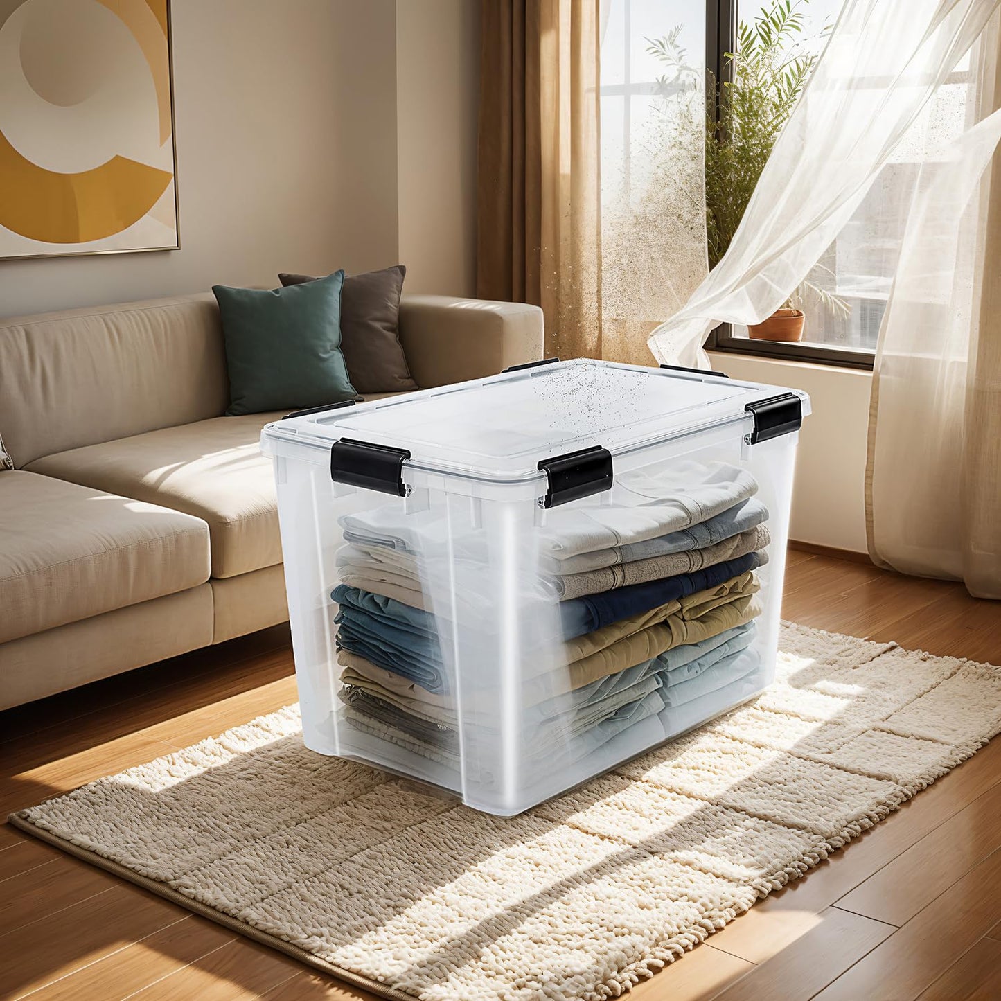 Iris Ohyama airtight plastic storage boxes with lid, 70L, 2-pack, transparent, hermetic waterproof seal, sturdy snap locks, stackable, dustproof, BPA-free, AT-LD.