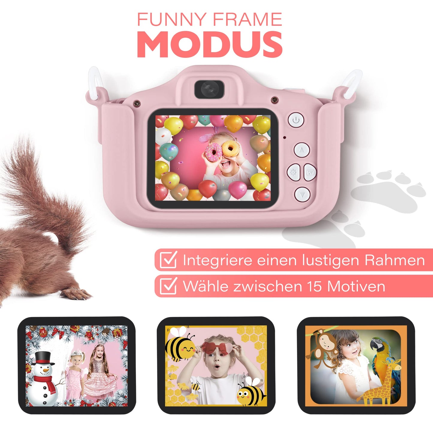 Lion Toys Kids Camera Pink | Photo camera with 32GB memory card, silicone protective case & fun effects | 18 megapixels | rechargeable | Easy operation for 3-12 years.