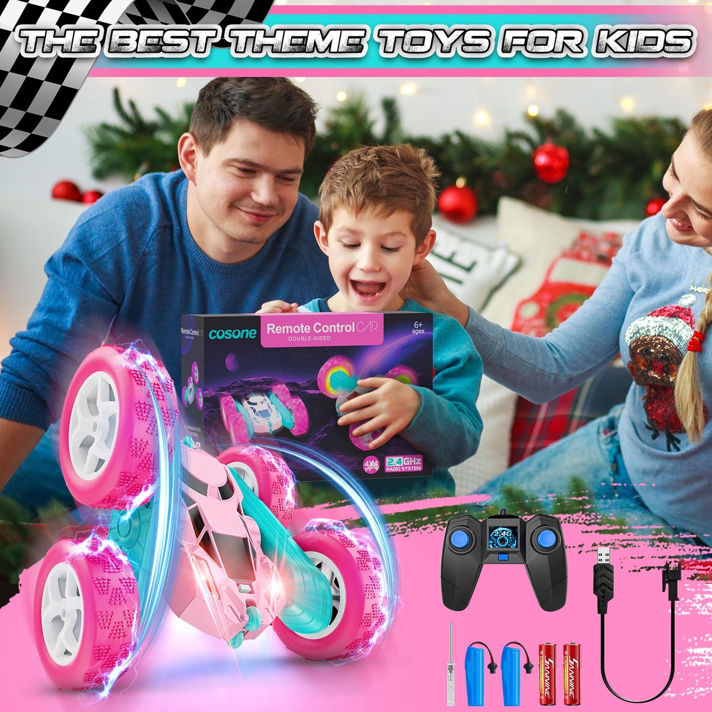Cosone Remote Control Car for Girls, All-wheel Off-road Stunt RC Car with Headlights, Double-sided 360° Rotating Toy, Gifts for Kids 6+ (Pink)