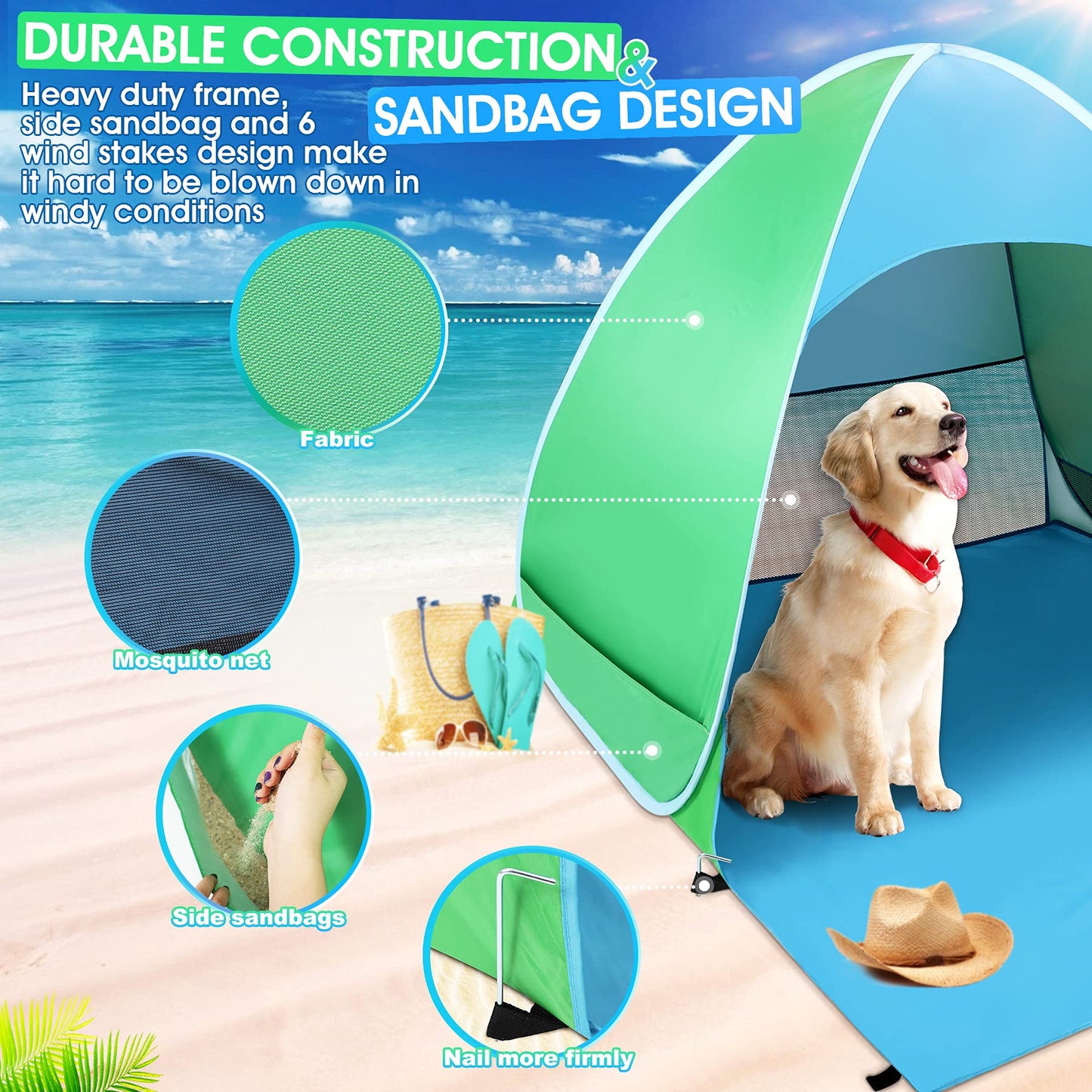 WONSEFOO Beach Tent UV Protection 50+ | 2-3 Person Beach Shelter | Pop-up Waterproof Portable Instant Tent | Beach Canopy for Family Camping Garden Beach