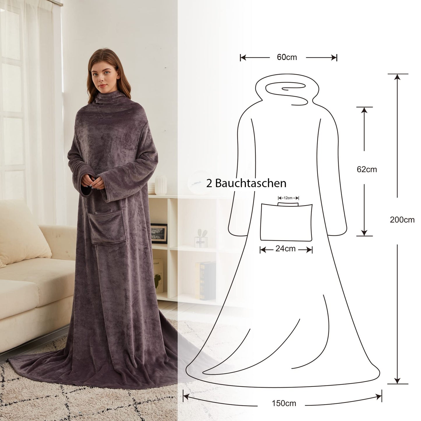 Gift for women for Christmas, snug blanket with sleeves, birthday present for mom, sofa blanket 150x200 cm (Dark gray)