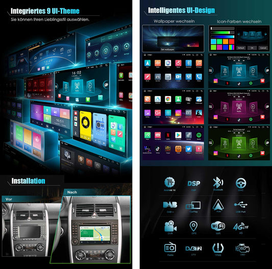 Erisin 8-Core 4GB+64GB 7 Inch Android 14 Car Radio Bluetooth GPS Navigation For Mercedes A Class W169 B Class W245 Sprinter Vito Viano VW Crafter CarPlay Android Auto DSP WiFi DAB+ RDS SWC DVD USB Canbus