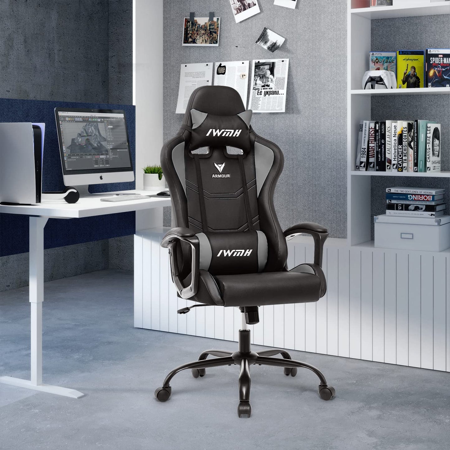IWMH Gaming Chair, Ergonomic Computer Chair with High Backrest, Height Adjustable Swivel Chair, Racing Chair with Armrests, Adjustable Headrest and Lumbar Support (Gray)