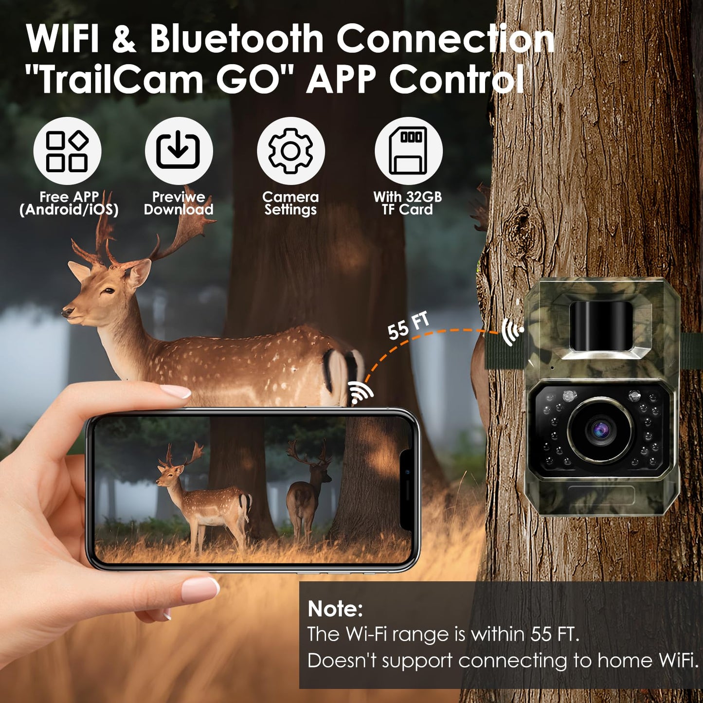 MAXDONE wildlife camera with motion sensor night vision Bluetooth - WiFi with mobile transfer app Rechargeable 2000mAh battery, low glow 48MP screenless night vision device 0.1s hunting camera