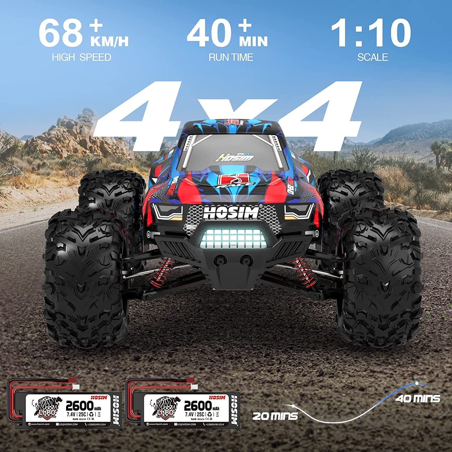 Hosim RC Car, 1:10 Brushless Remote Control Car 68+ km/h, RC Drift Car 4WD with 2 Batteries, Offroad Electronic Toy for Kids and Adults (X08)