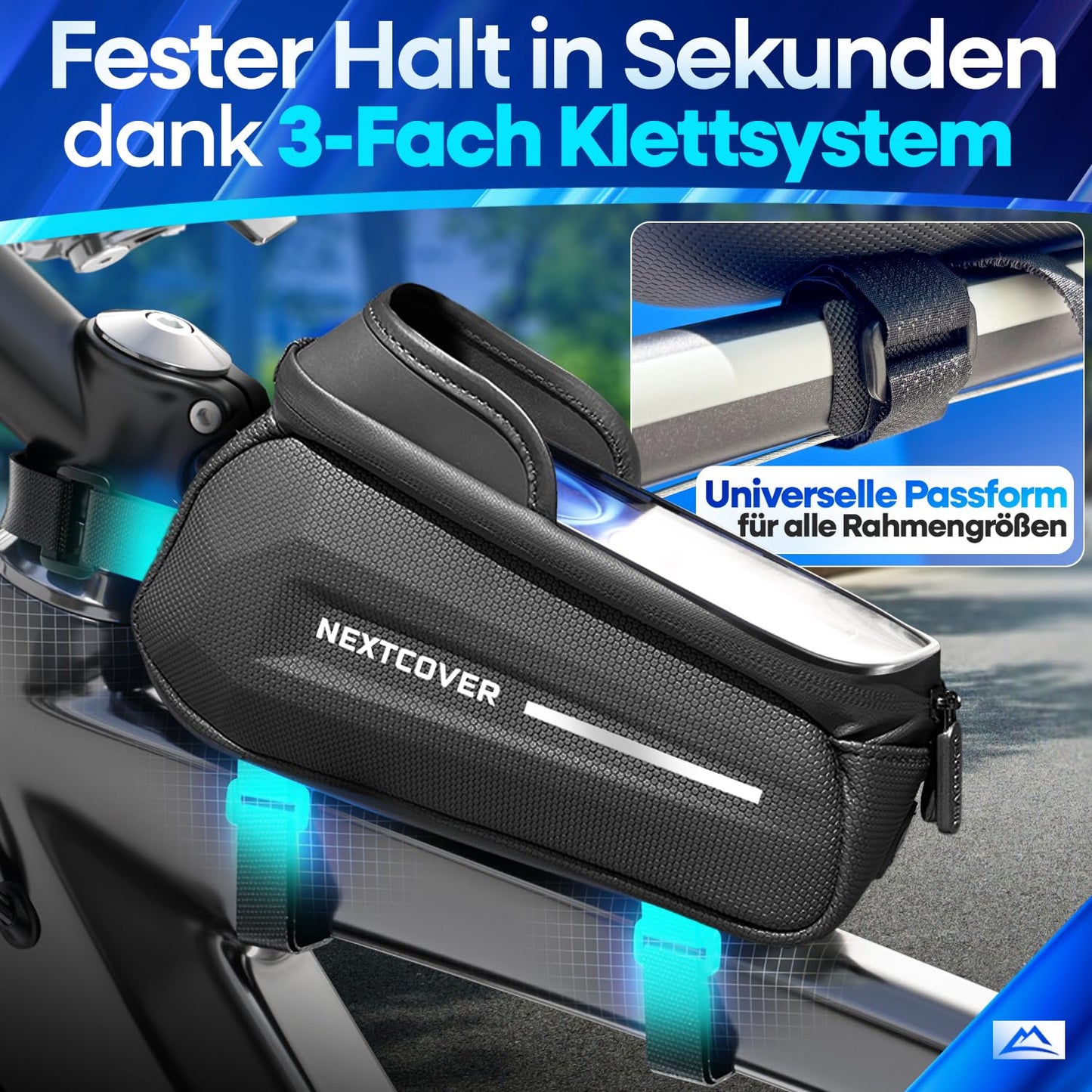 Nextcover® frame bag for bike with phone pocket I bicycle frame bag with touchscreen I bike frame bag waterproof, top tube bag bikepacking - Ideal for e-bike, MTB, gravel bike, road bike