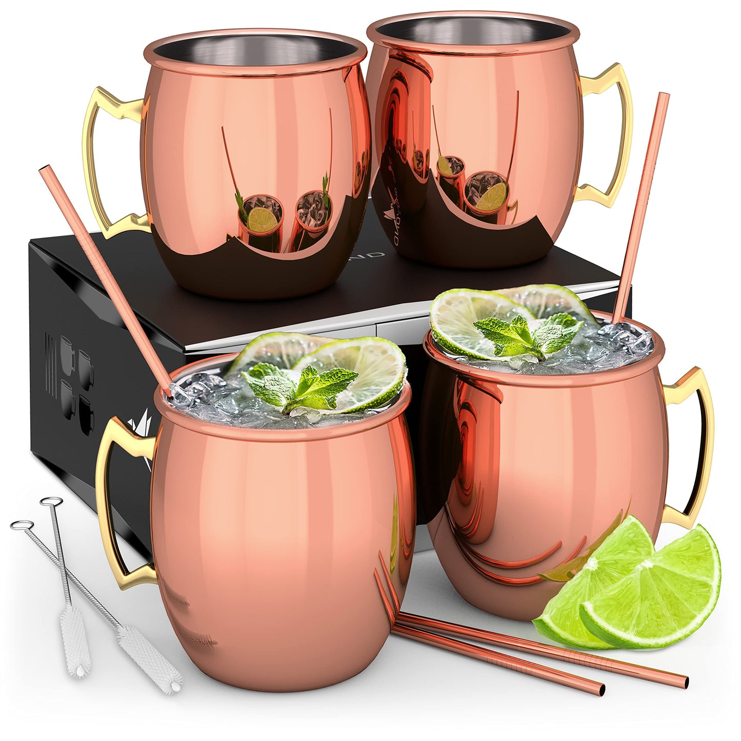 Beyond Moscow Mule Cup Set Copper Cups - Copper cups with straws & gift box I Moscow Mule Copper Cup set with traditionally smooth surface as a gin cup & for cocktails (4-piece set)