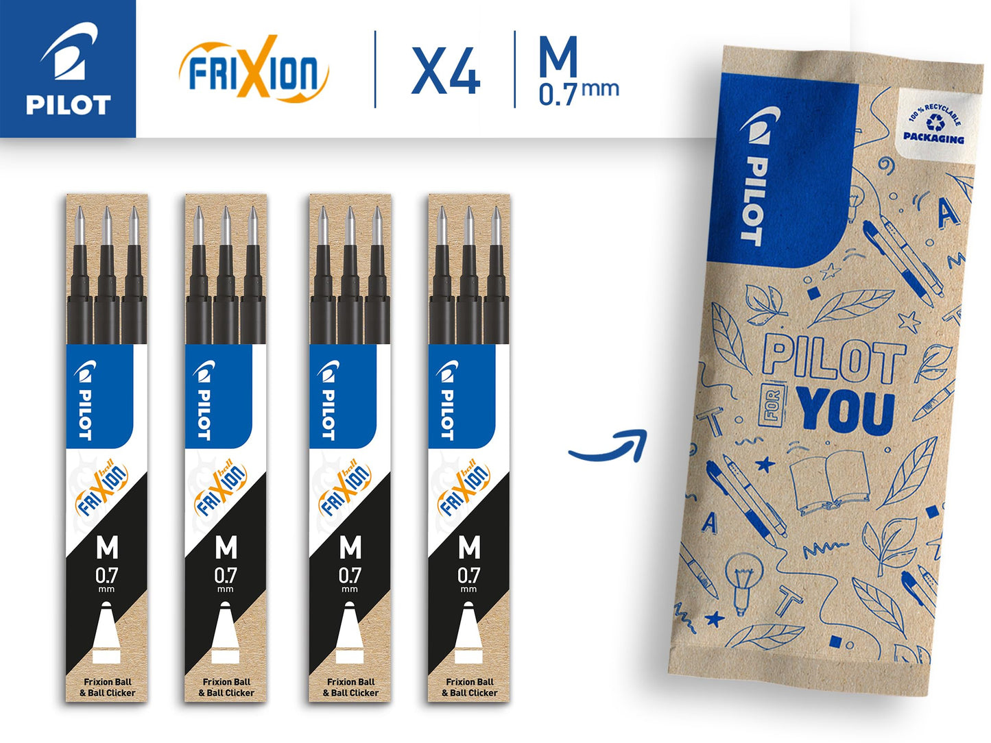 PILOT FriXion Refill 0.7 - 12 pack - Color Black - Refillable FriXion ink cartridges with erasable ink - Compatible with FriXion Ball & FriXion Clicker 0.7 - Medium point - Gel ink rollerball refills