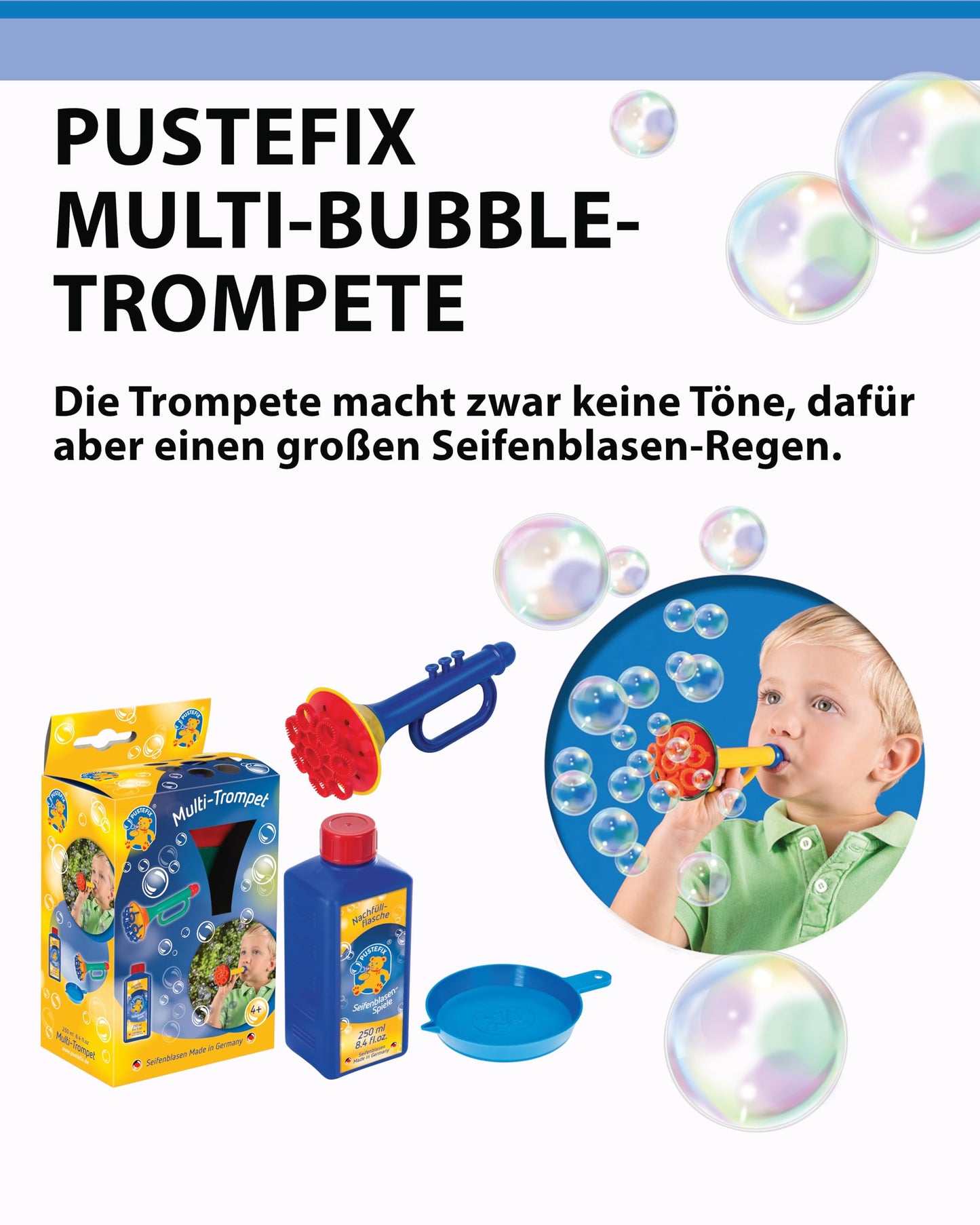 PUSTEFIX Multi-Bubble Trumpet + 2.5L Refill Canister of Bubble Solution I Colorful Bubbles Made in Germany I Bubble Toy for Kids' Birthdays, Weddings I Fun for Kids & Adults