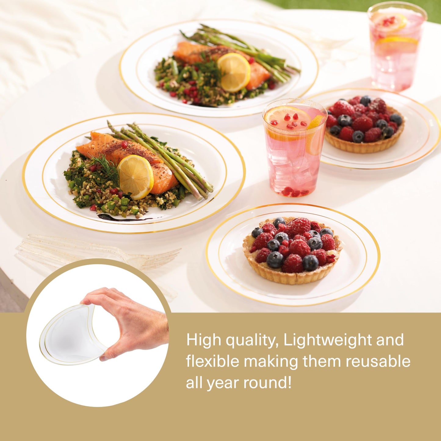 MATANA 150 Piece Reusable Party Tableware Set in White & Gold for 25 Guests - 25 Plastic Plates, 25 Dessert Plates, 25 Spoons, 25 Forks, 25 Knives, & 25 Party Cups - Weddings, Birthdays & Parties