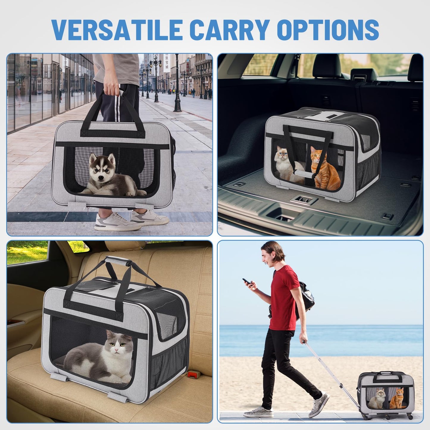 FASNATI Extra Large Cat Carrier for 2 cats up to 20kg, Foldable carriers for 2 cats with wheels, Large cat carrier for walks/camping, Grey.