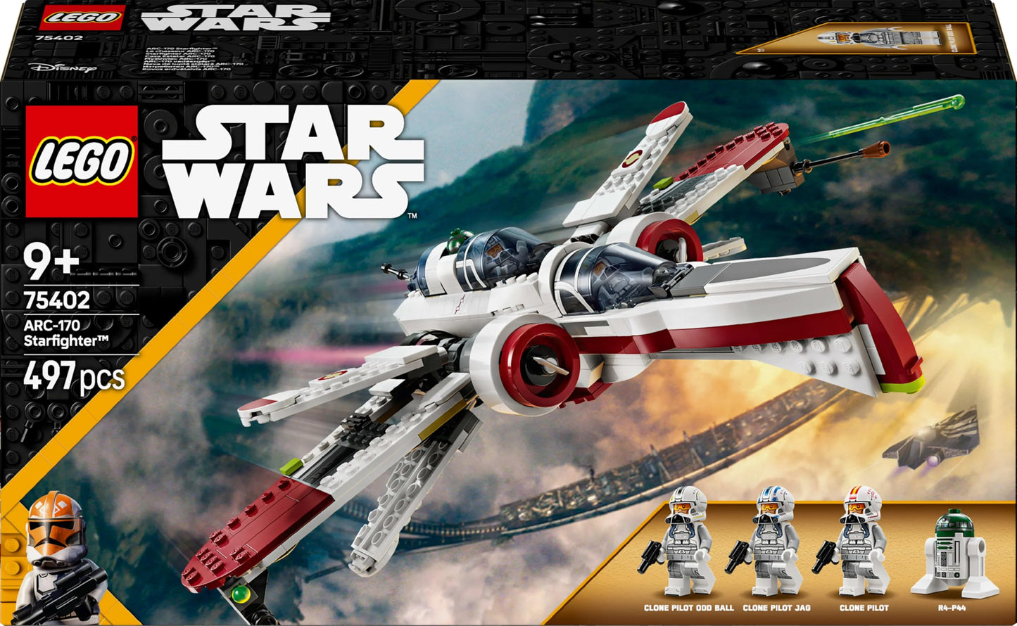 LEGO Star Wars 75402 ARC-170 Starfighter toy comes with 4 minifigures including Clone Pilot and R4-P44 Droid. A collector's item and a perfect gift for fans of Revenge of the Sith, suitable for boys and girls aged 9 and above.